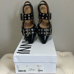 Ganni Black Patent Pointed Toe Buckle Flats